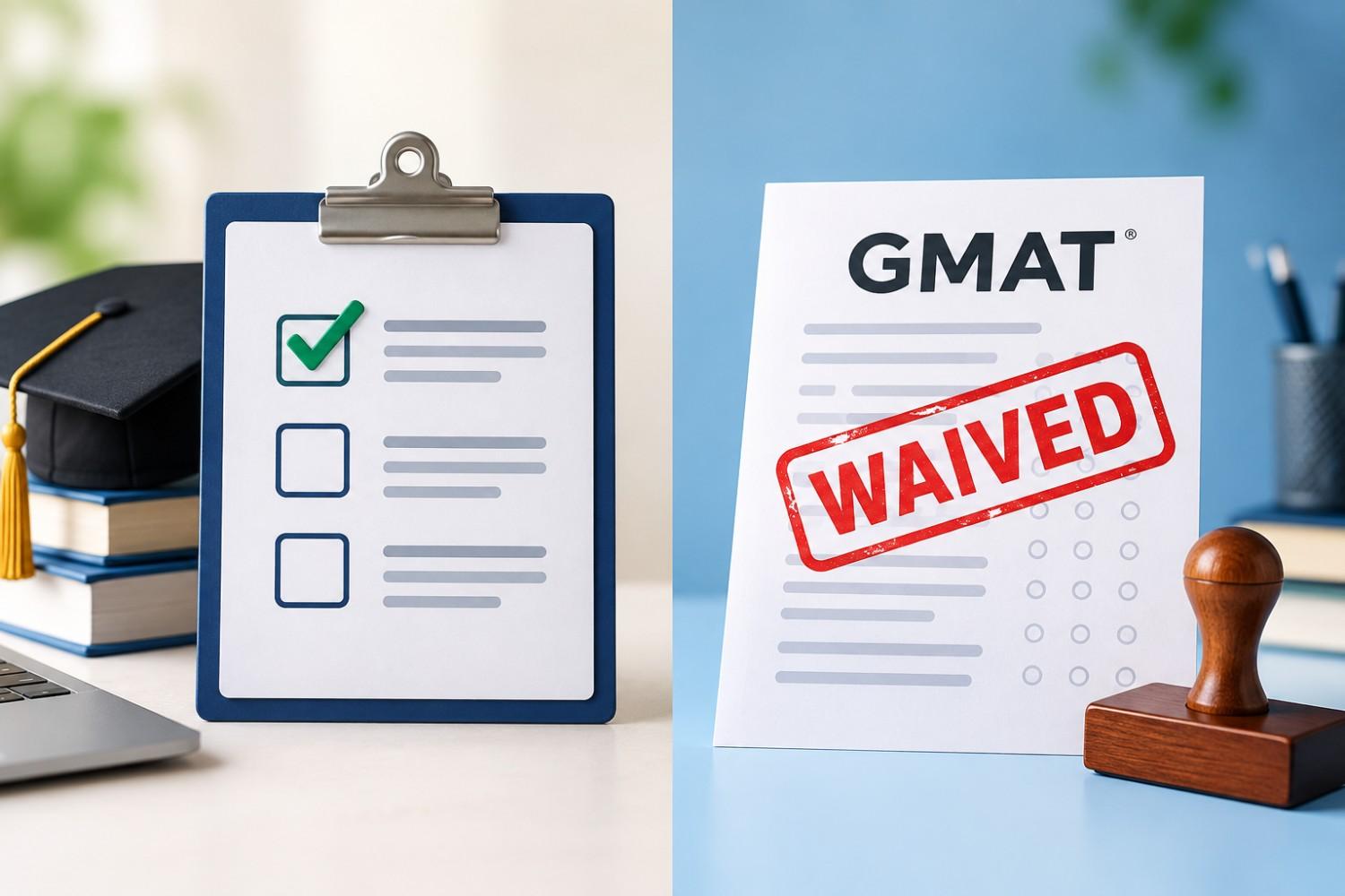 Split visual comparing a test-optional MBA application checklist with a GMAT waiver approval document for MBA admissions in the USA.